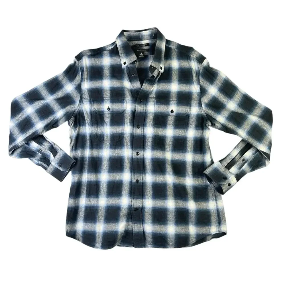 Banana Republic Men's Black Untucked Plaid Check Button Up Flannel Shirt Top L